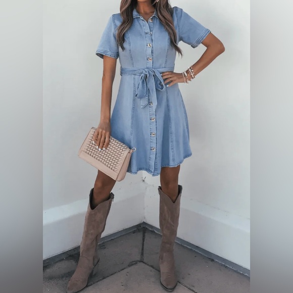 Blu Pepper Dresses & Skirts - Blu Pepper Chambray Belted Shirt Dress